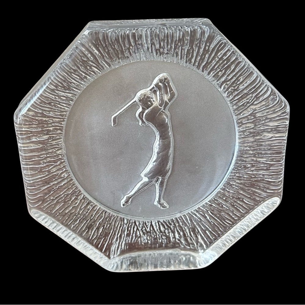 Nybro Sweden Vintage Heavy Crystal Laser Etched Female Golfer Paperweight